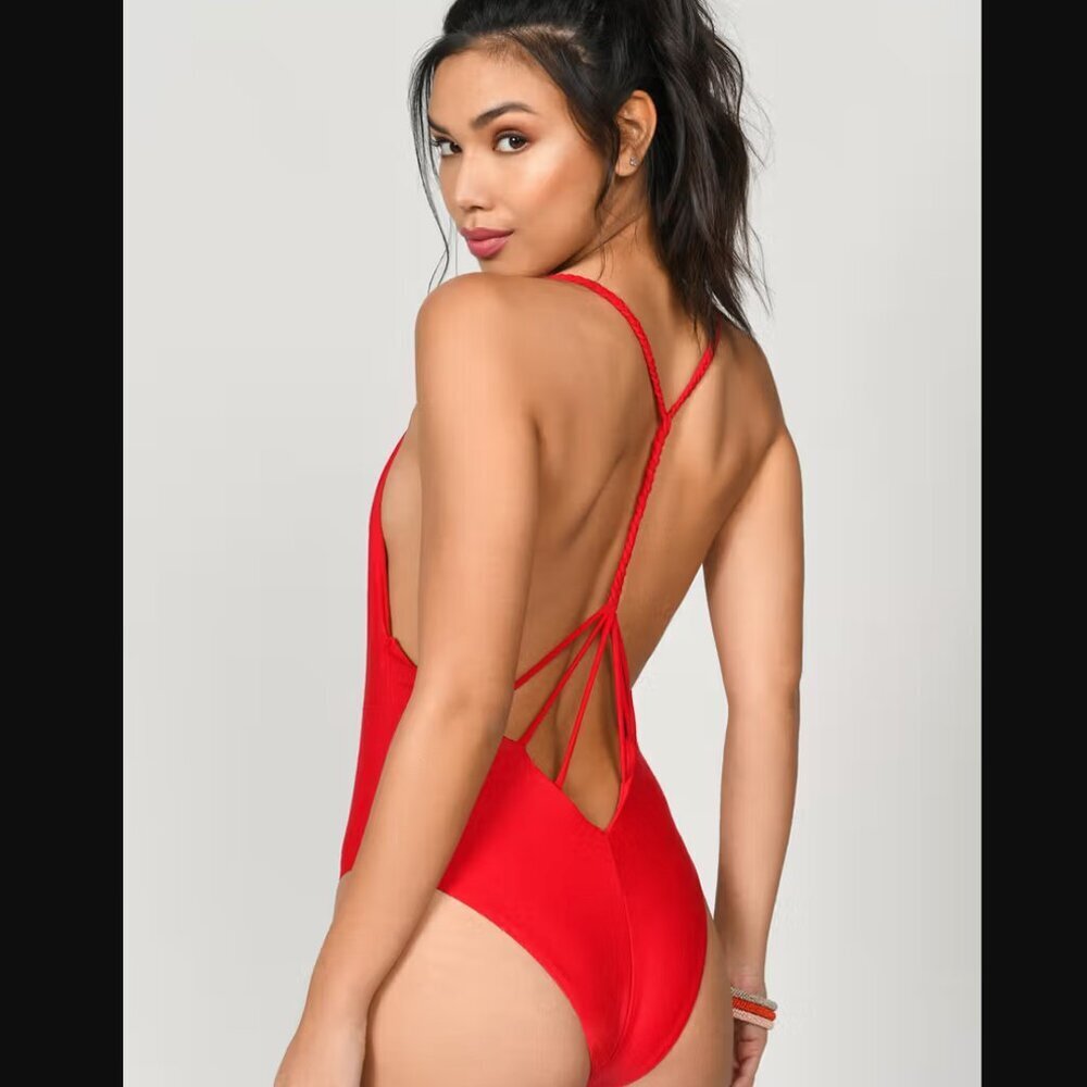 TOBI All I Want Swimsuit Plunging Monokini Sz LARGE Red NEW